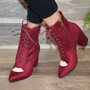 Vegan Suede Wine Lace Up Chunky Heeled Boots